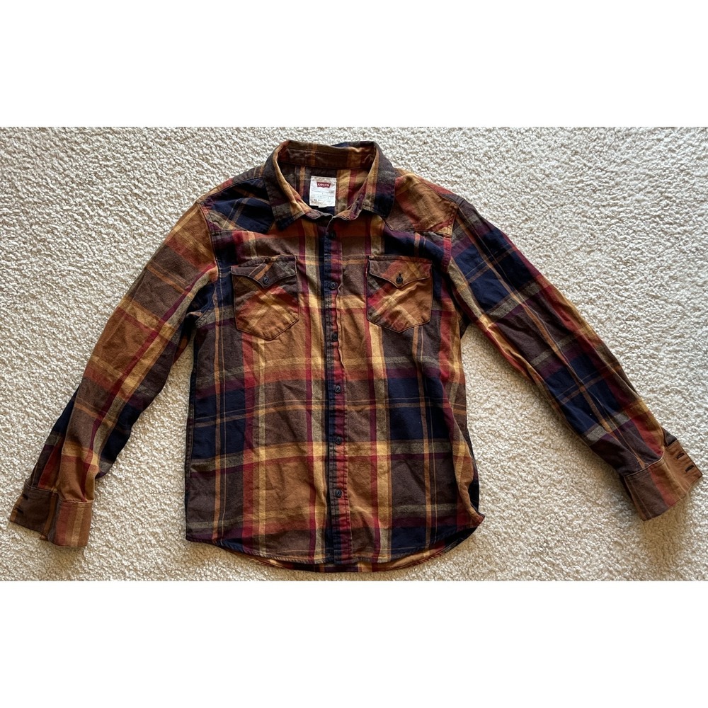 Levi's Orange & Blue Plaid 100% Cotton Flannel Shirt Men L